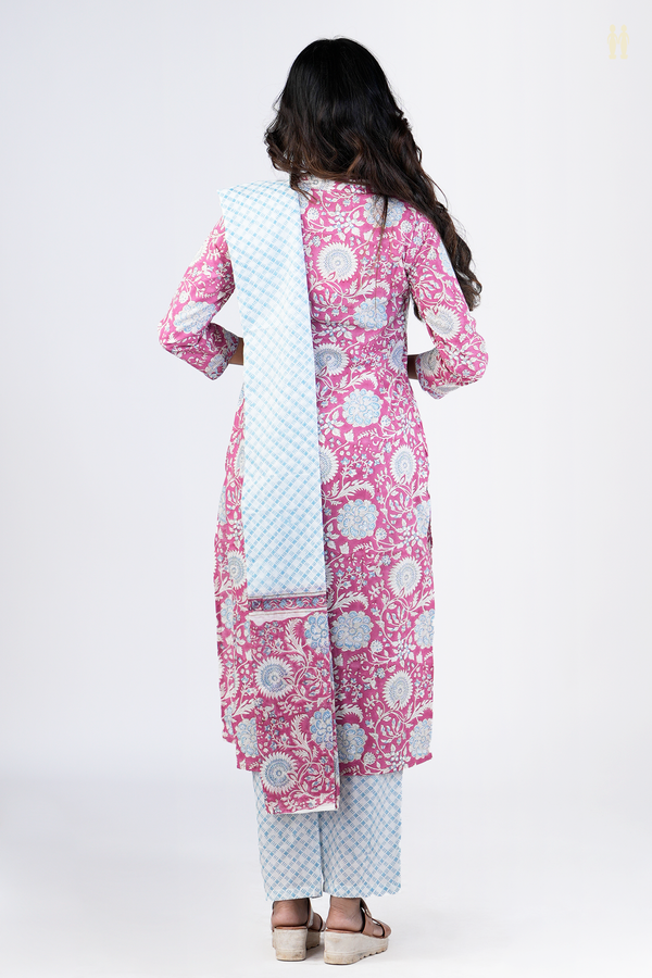 Chinese Neck Floral Design Pink Cotton Salwar Set
