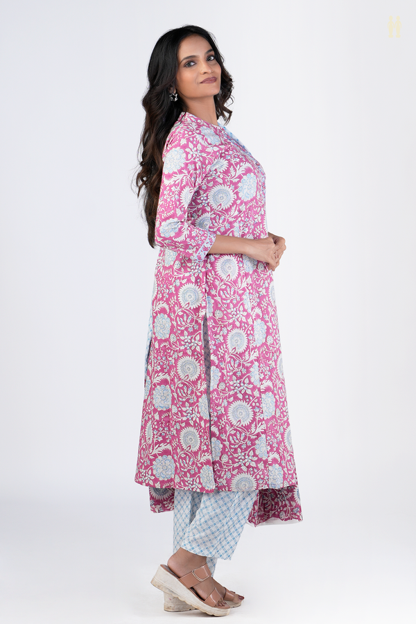 Chinese Neck Floral Design Pink Cotton Salwar Set