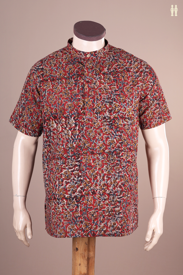 Chinese Collar Floral Design Red Cotton Short Kurta