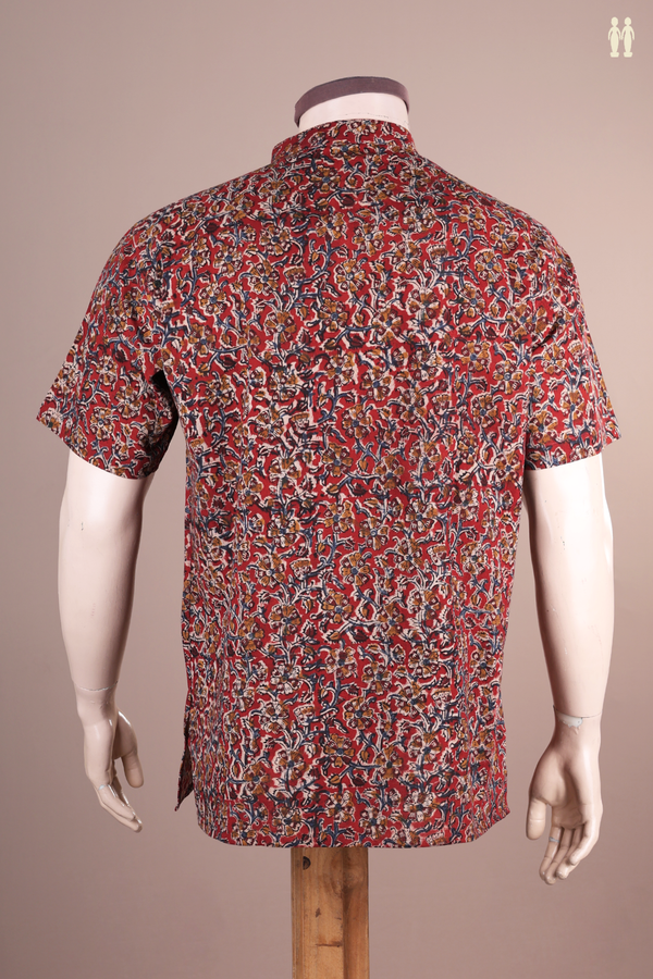 Chinese Collar Floral Design Red Cotton Short Kurta