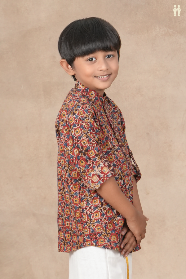 Chinese Collar Printed Design Red Kalamkari Kurta
