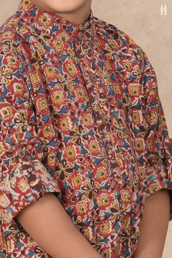 Chinese Collar Printed Design Red Kalamkari Kurta