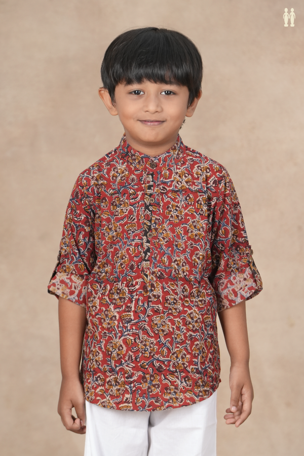 Chinese Collar Floral Design Red Kalamkari Kurta