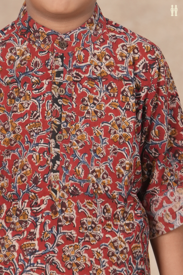 Chinese Collar Floral Design Red Kalamkari Kurta