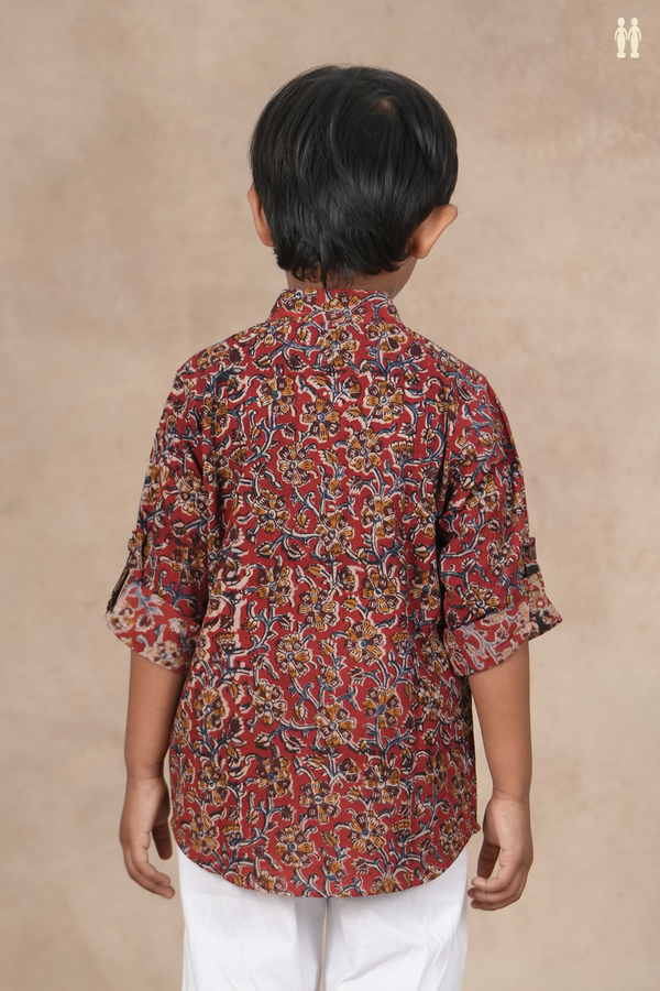 Chinese Collar Floral Design Red Kalamkari Kurta