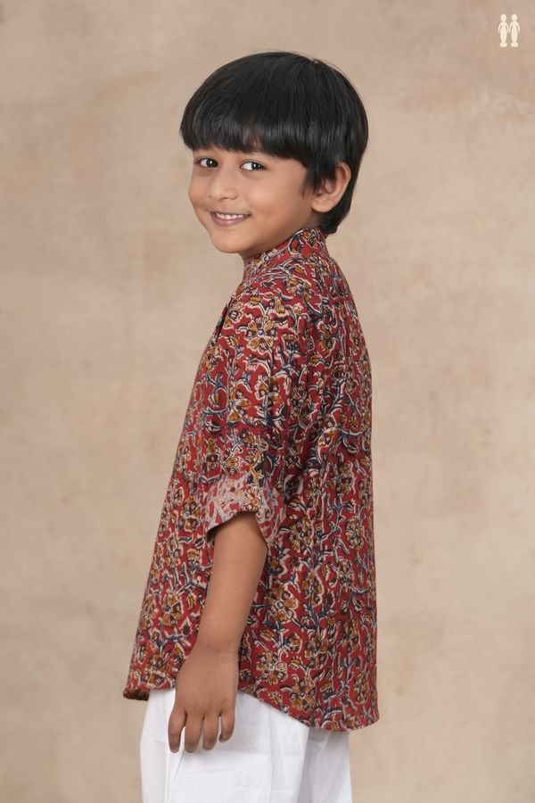 Chinese Collar Floral Design Red Kalamkari Kurta