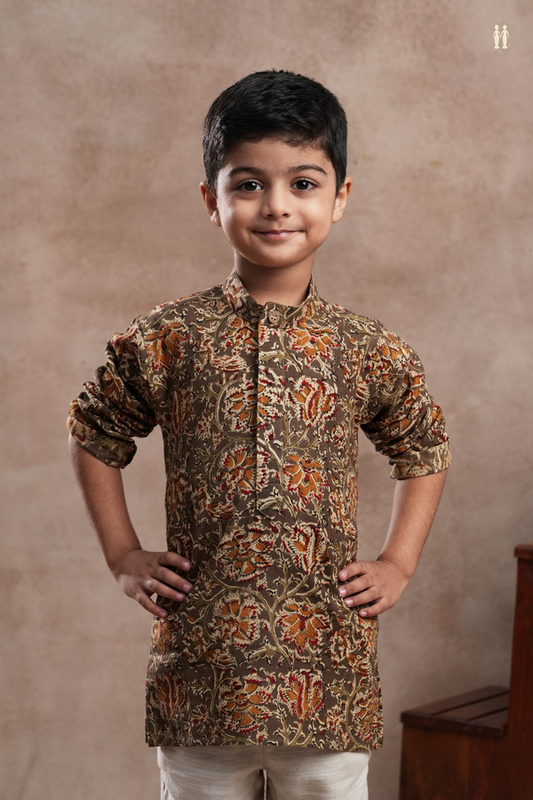 Chinese Collar Floral Design Walnut Brown Cotton Kurta
