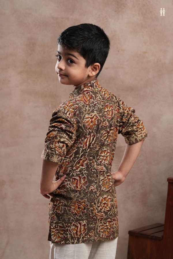 Chinese Collar Floral Design Walnut Brown Cotton Kurta