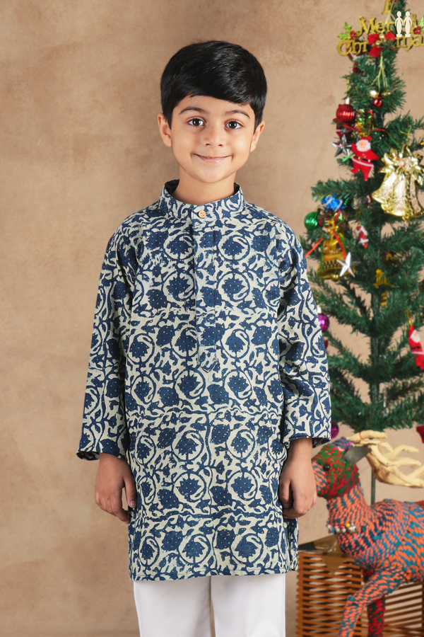 Chinese Collar Floral Design Light Grey Cotton Long Kurta