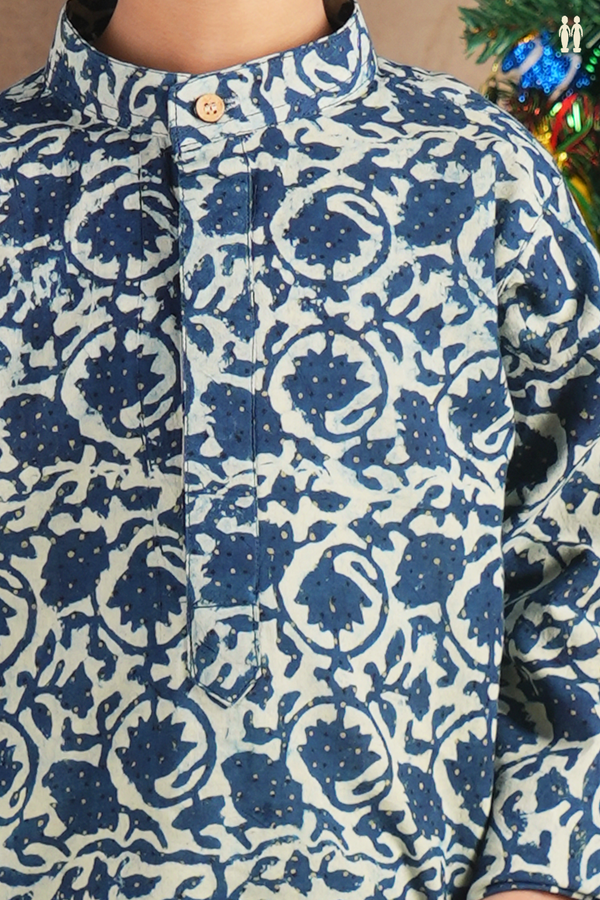 Chinese Collar Floral Design Light Grey Cotton Long Kurta