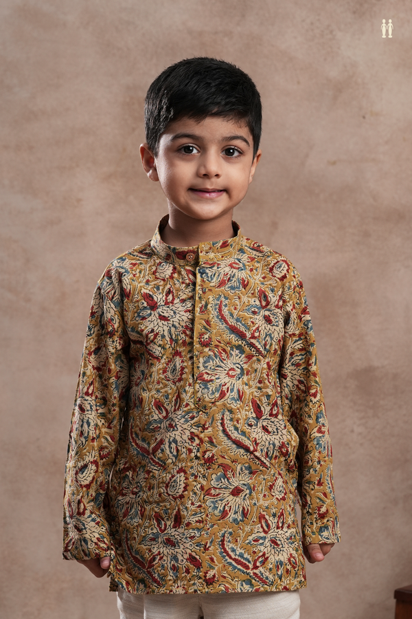 Chinese Collar Floral Design Yellow Kalamkari Cotton Kurta