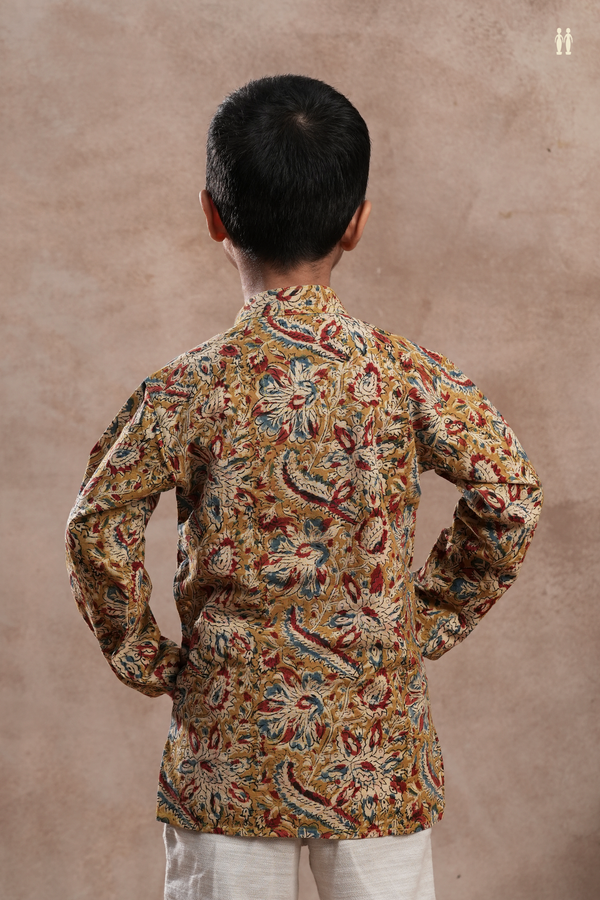 Chinese Collar Floral Design Yellow Kalamkari Cotton Kurta