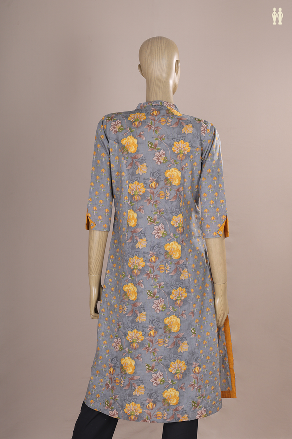 Chinese Neck Floral Printed Sage Green Cotton Long Kurta
