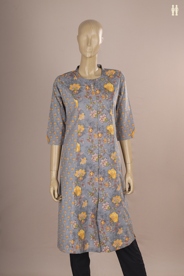 Chinese Neck Floral Printed Sage Green Cotton Long Kurta