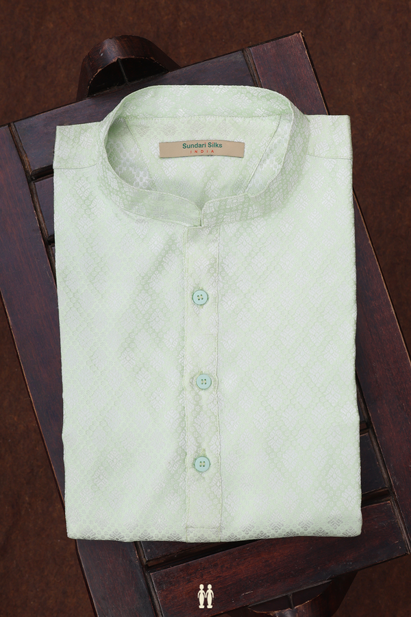 Chinese Collar Allover Design Green Banarasi Silk Short Kurta