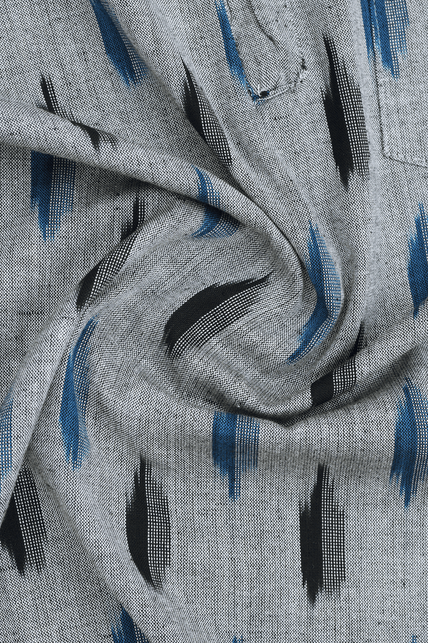 Chinese Collar Ikat Design Grey Cotton Short Kurta