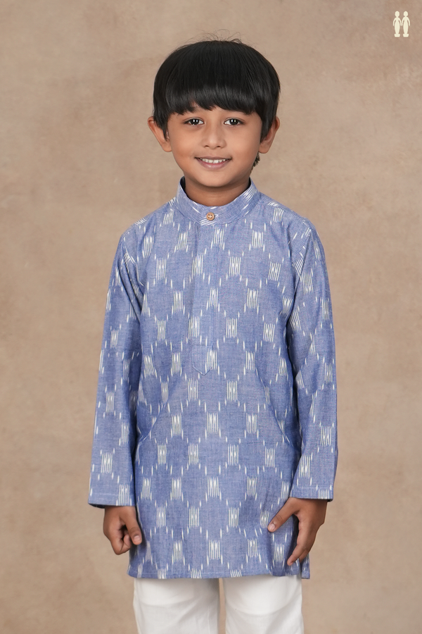 Chinese Collar Ikat Design Blue Cotton Long Kurta