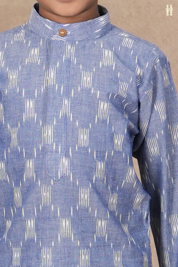 Chinese Collar Ikat Design Blue Cotton Long Kurta