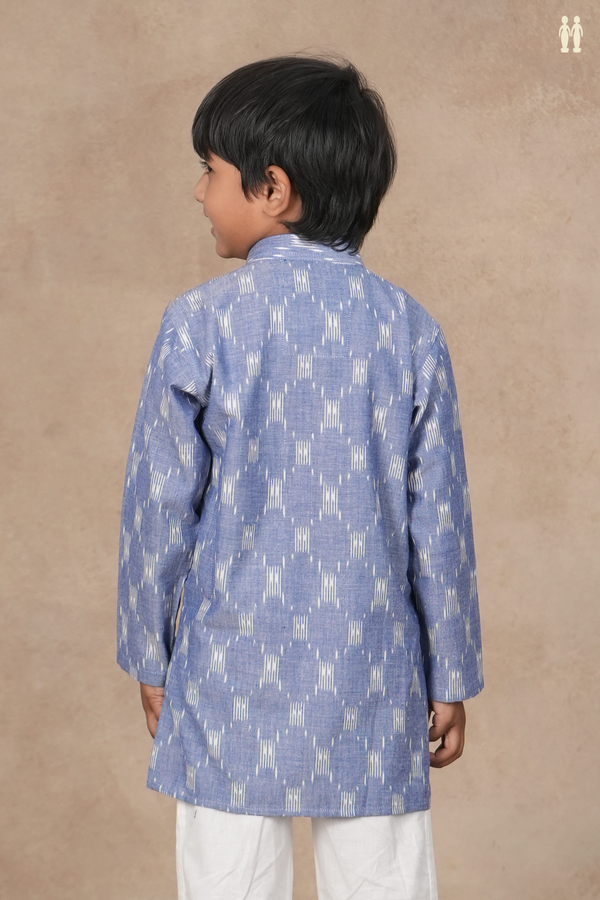 Chinese Collar Ikat Design Blue Cotton Long Kurta