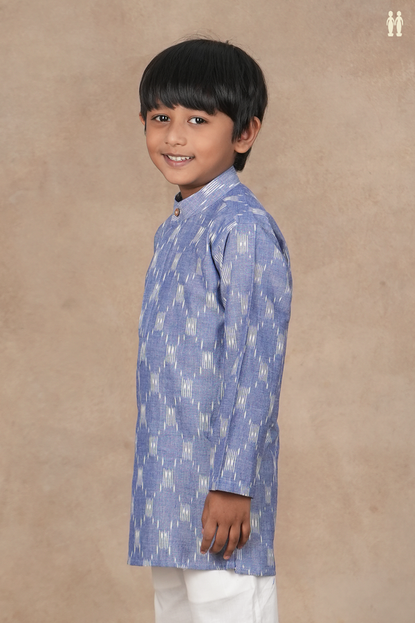 Chinese Collar Ikat Design Blue Cotton Long Kurta