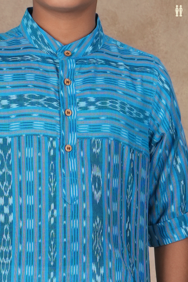 Chinese Collar Ikat Design Cerulean Blue Cotton Kurta