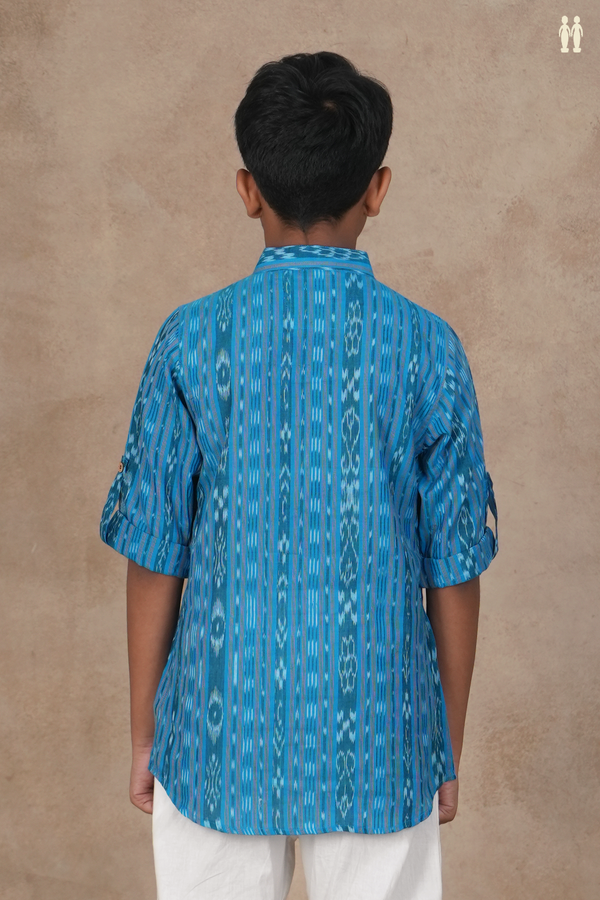 Chinese Collar Ikat Design Cerulean Blue Cotton Kurta