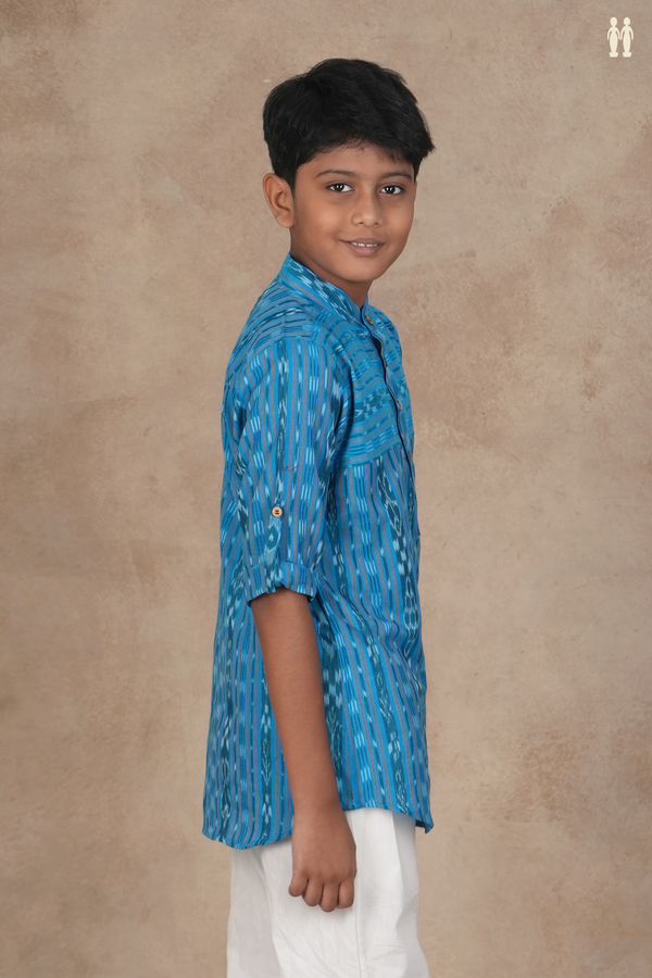 Chinese Collar Ikat Design Cerulean Blue Cotton Kurta