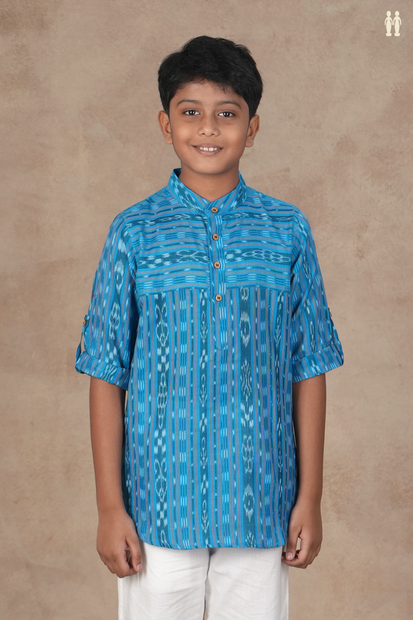Chinese Collar Ikat Design Cerulean Blue Cotton Kurta