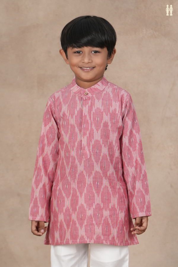 Chinese Collar Ikat Design Dusty Pink Cotton Long Kurta