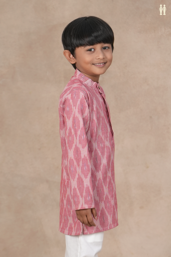 Chinese Collar Ikat Design Dusty Pink Cotton Long Kurta