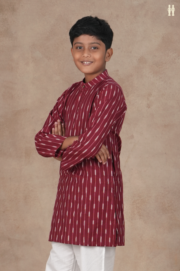 Chinese Collar Ikat Design Burgundy Red Cotton Long Kurta