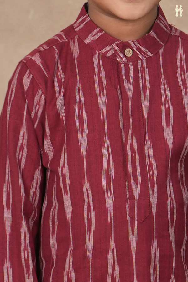 Chinese Collar Ikat Design Burgundy Red Cotton Long Kurta
