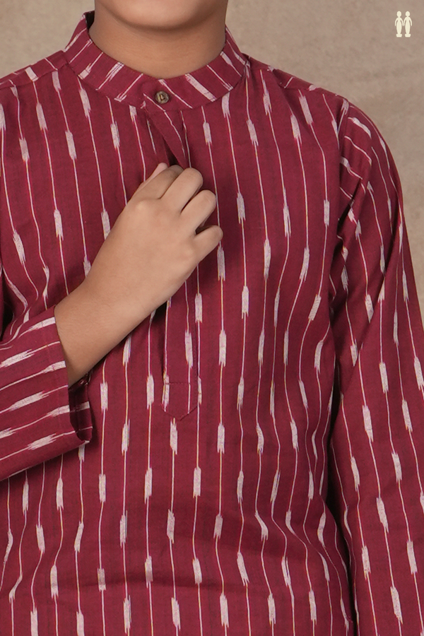 Chinese Collar Ikat Design Burgundy Red Cotton Long Kurta