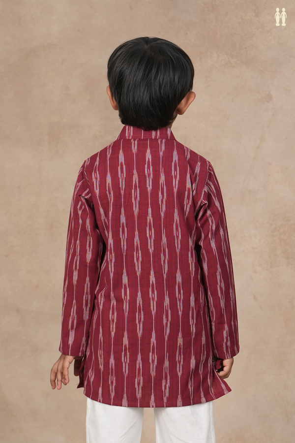 Chinese Collar Ikat Design Burgundy Red Cotton Long Kurta