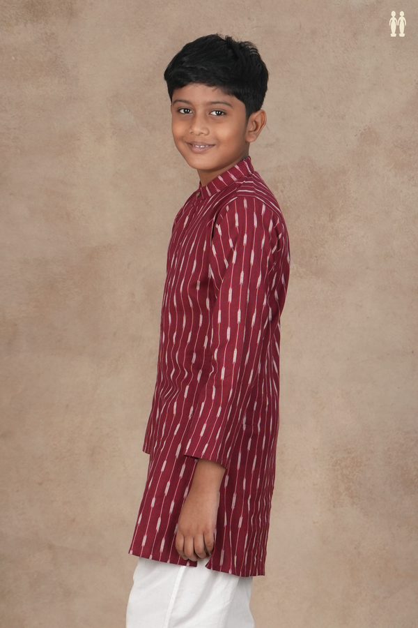 Chinese Collar Ikat Design Burgundy Red Cotton Long Kurta