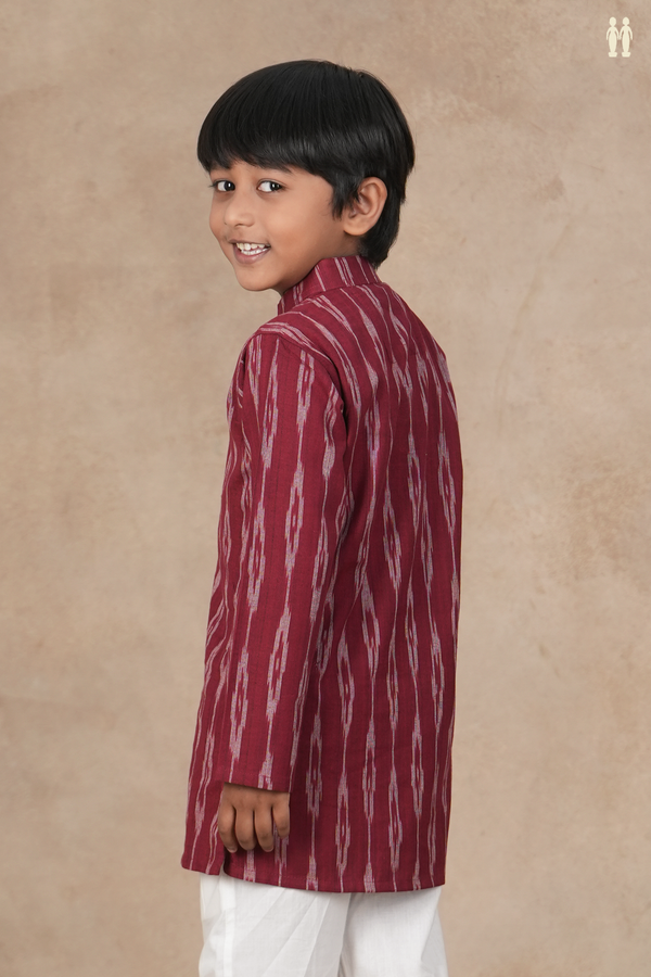 Chinese Collar Ikat Design Burgundy Red Cotton Long Kurta