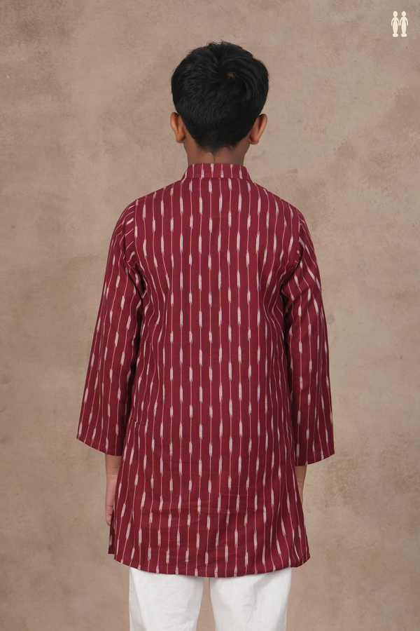 Chinese Collar Ikat Design Burgundy Red Cotton Long Kurta