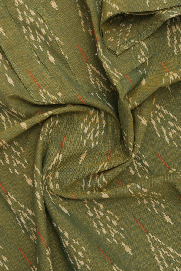 Chinese Collar Ikat Design Moss Green Cotton Short Kurta