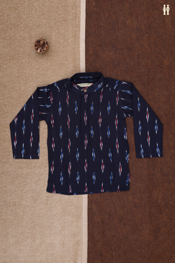 Chinese Collar Ikat Design Navy Blue Cotton Kurta