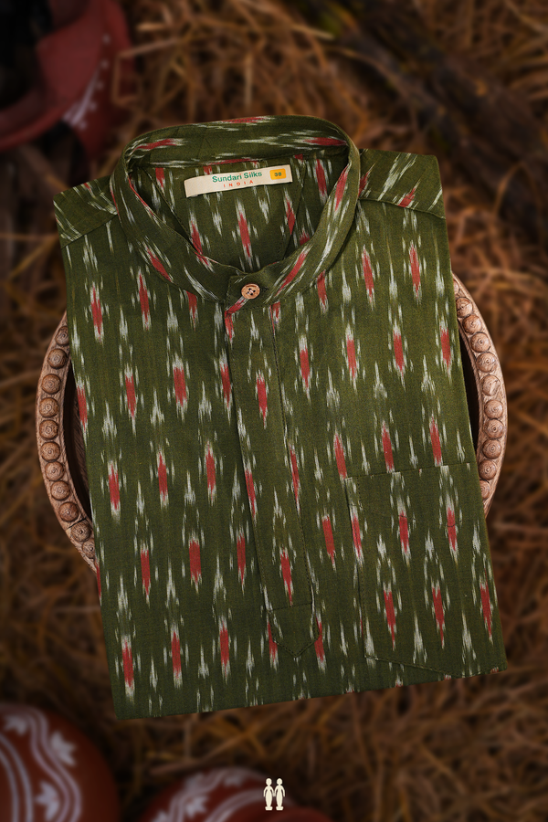 Chinese Collar Ikat Design Olive Green Cotton Short Kurta