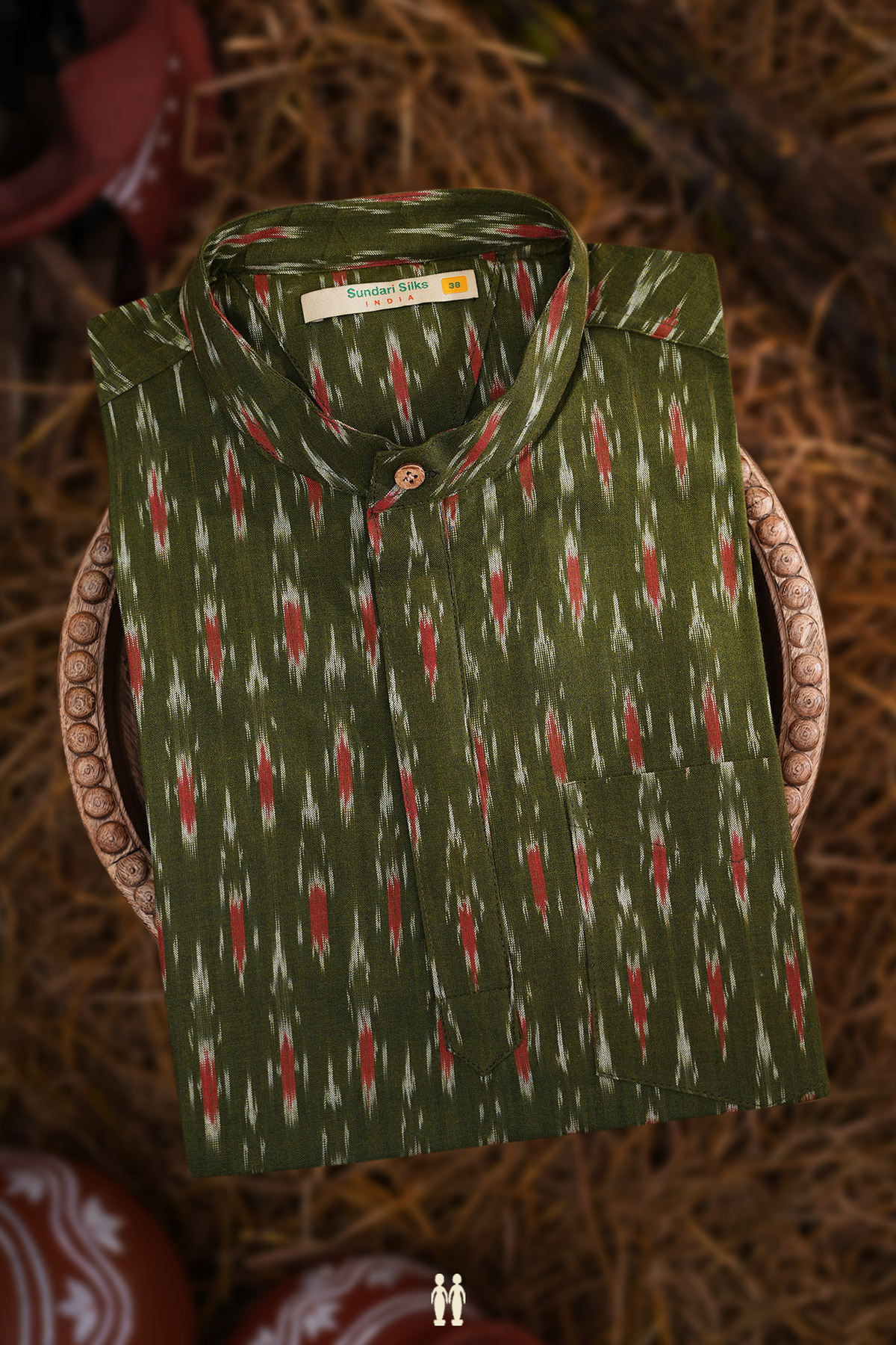 Chinese Collar Ikat Design Olive Green Cotton Short Kurta