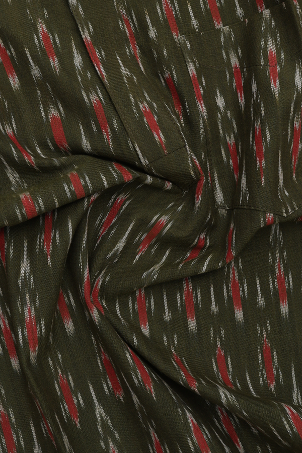 Chinese Collar Ikat Design Olive Green Cotton Short Kurta