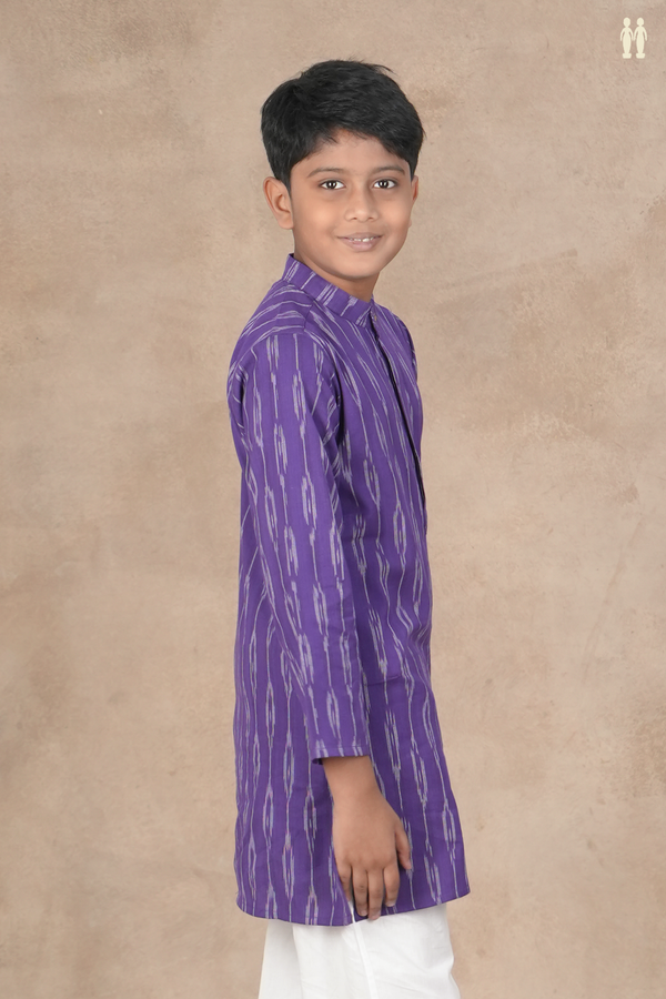 Chinese Collar Ikat Design Purple Cotton Long Kurta
