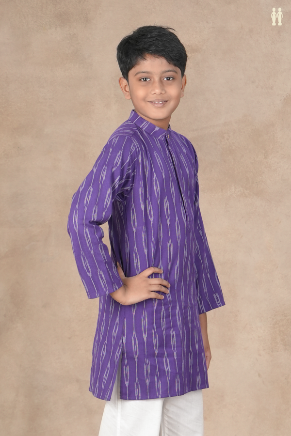 Chinese Collar Ikat Design Purple Cotton Long Kurta