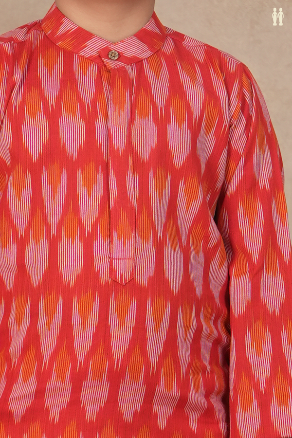 Chinese Collar Ikat Design Red Cotton Long Kurta