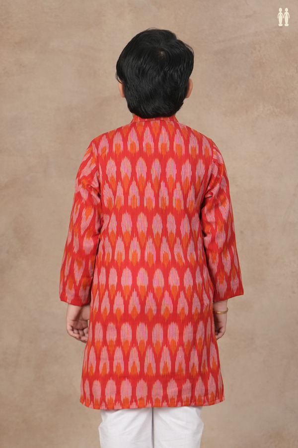 Chinese Collar Ikat Design Red Cotton Long Kurta