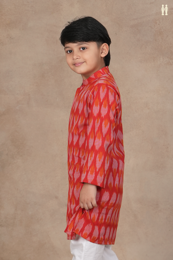 Chinese Collar Ikat Design Red Cotton Long Kurta