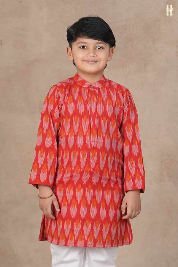 Chinese Collar Ikat Design Red Cotton Long Kurta