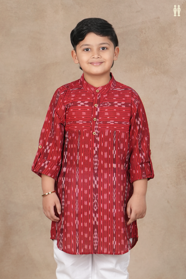 Chinese Collar Ikat Design Red Cotton Kurta