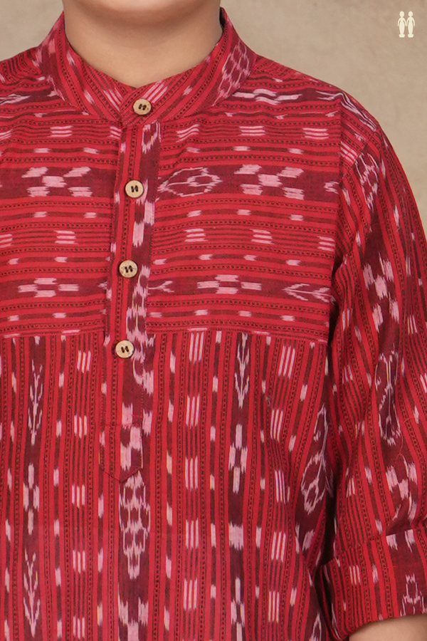 Chinese Collar Ikat Design Red Cotton Kurta